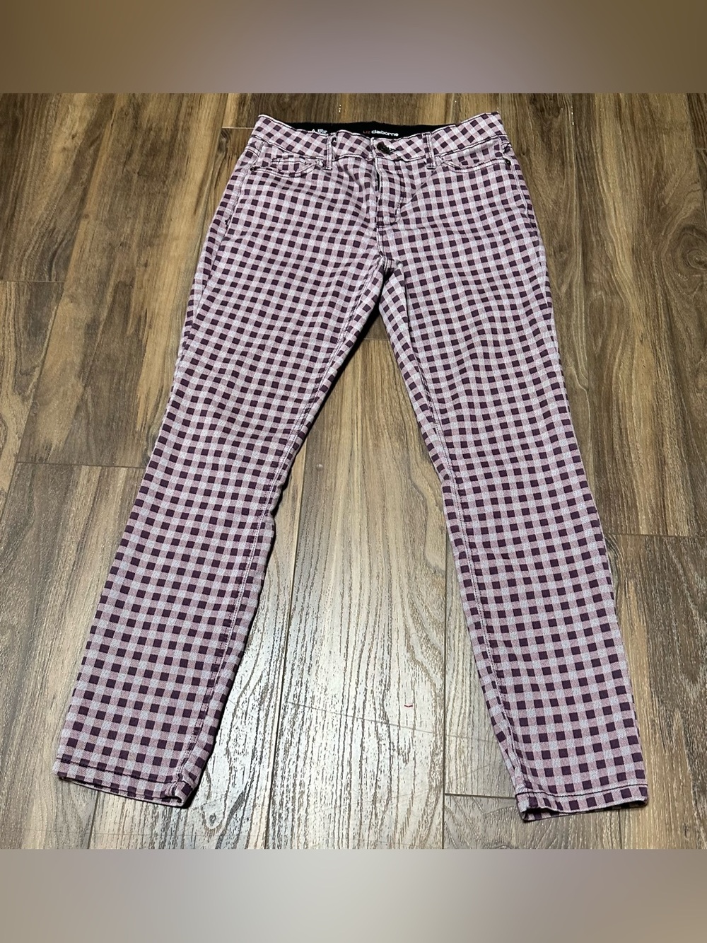 Liz Claiborne Sara Pants Women's 6 Purple  Check Cotton Mid-Rise Slim Leg